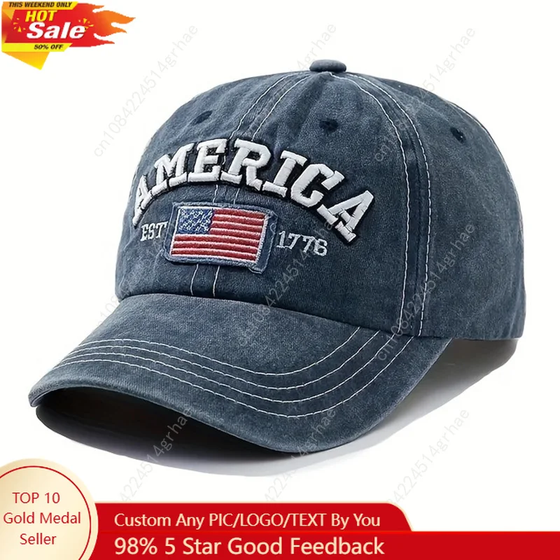 

Винтажная бейсболка с вышитым флагом США — с яркой надписью, эффектом потертости, защитой от солнца — модная кепка для активного отдыха
