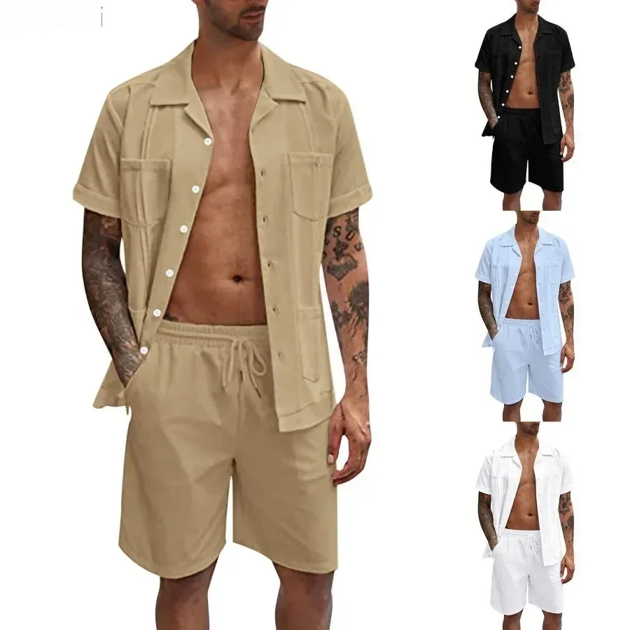 New Men's Summer Casual Sport 2 Piece Sets Fashion Cotton Linen Short Sleeve Shirt and Shorts Suit Men Loose Sport Shirt Outfits