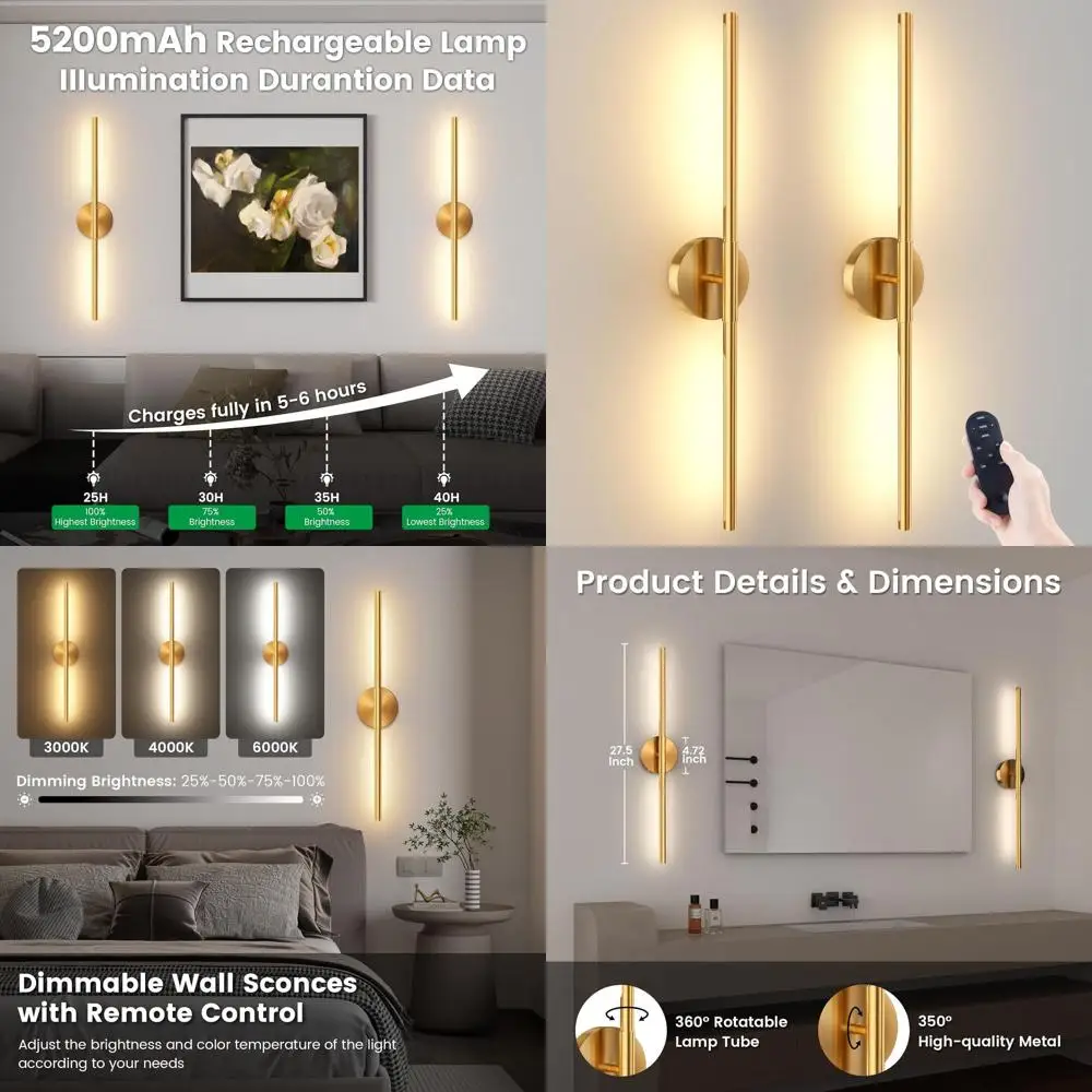 

Pair of Rechargeable 360° Rotating Wall Sconces with Remote, Dimmable 3000K-6000K, 27.6 Length