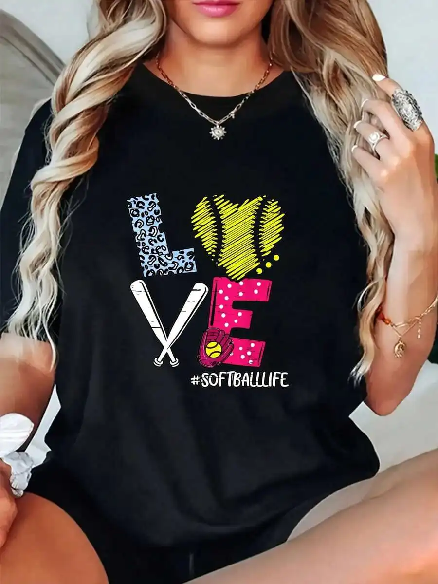 Women's Round Neck Cotton T-Shirt, Love Softball Life Graphic Print, Loose Breathable Short Sleeve Casual Tee, Black & White Options