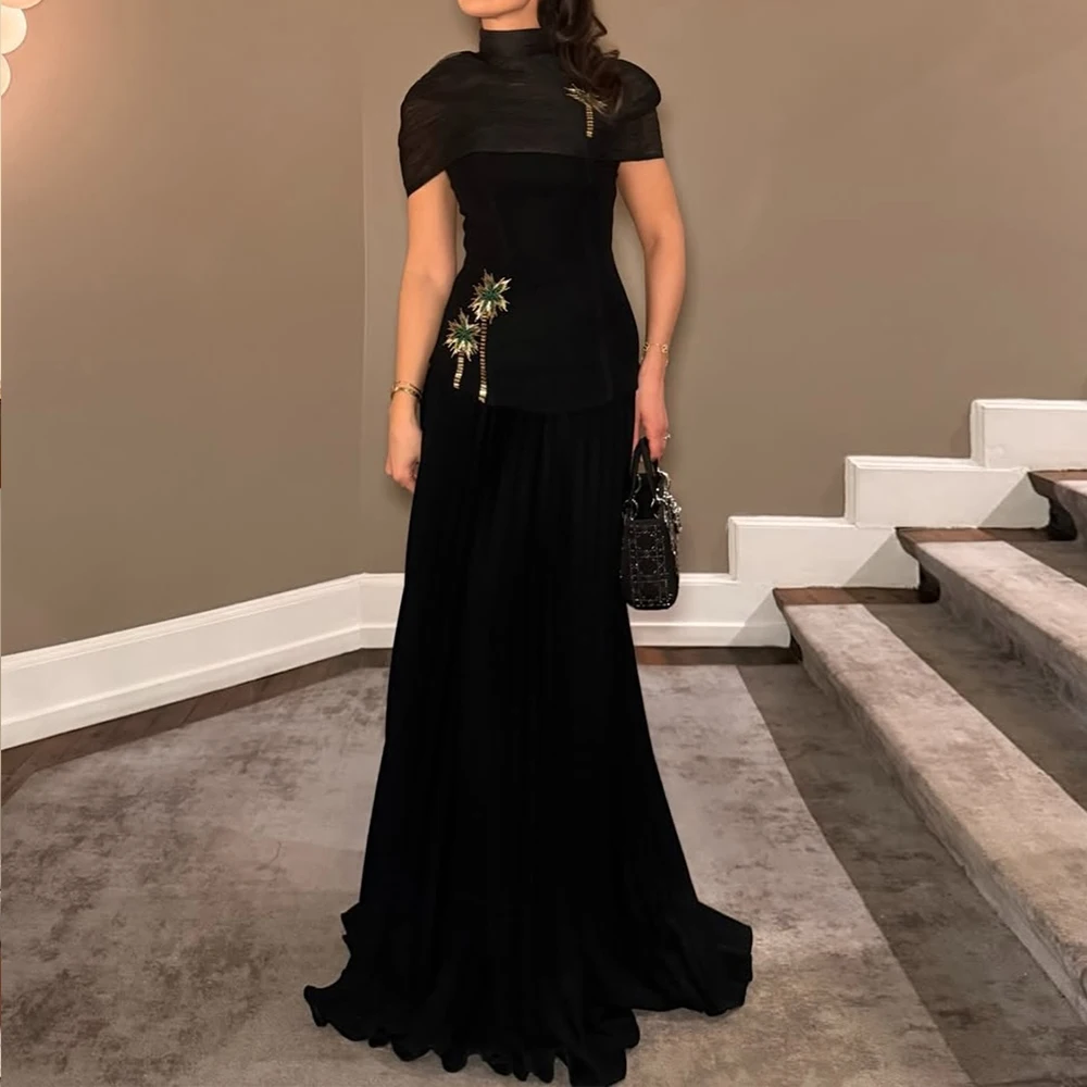 

Customized Beaded Evening Dresses with Cap Sleeves A Line Luxury Party Dress for Women Modern Black Long Cocktail Gowns 2026