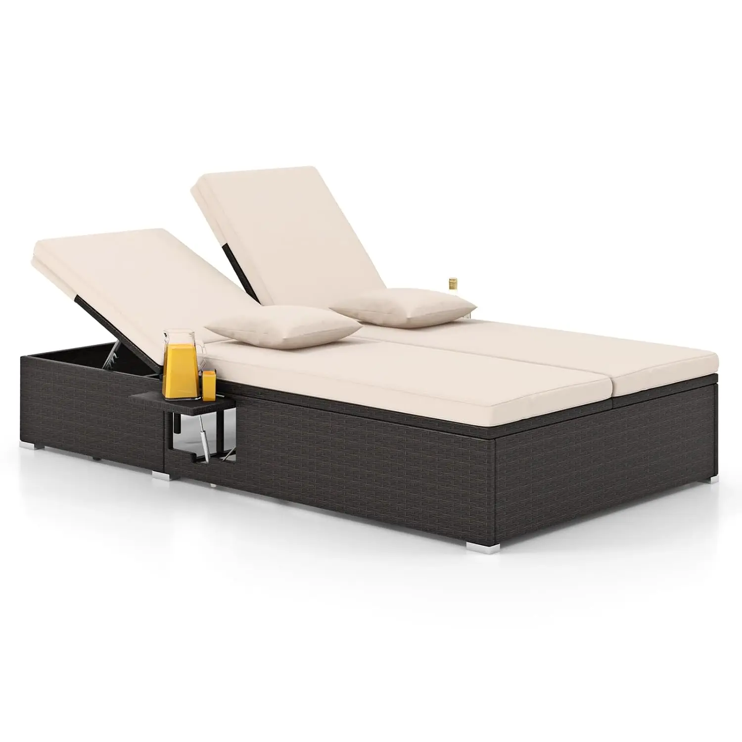 

Outdoor Patio Double Chaise Lounge PE Wicker 6-Position Backrest Cushions Pillows Foldable Cup Tray 2-Person Sunbed, Customized