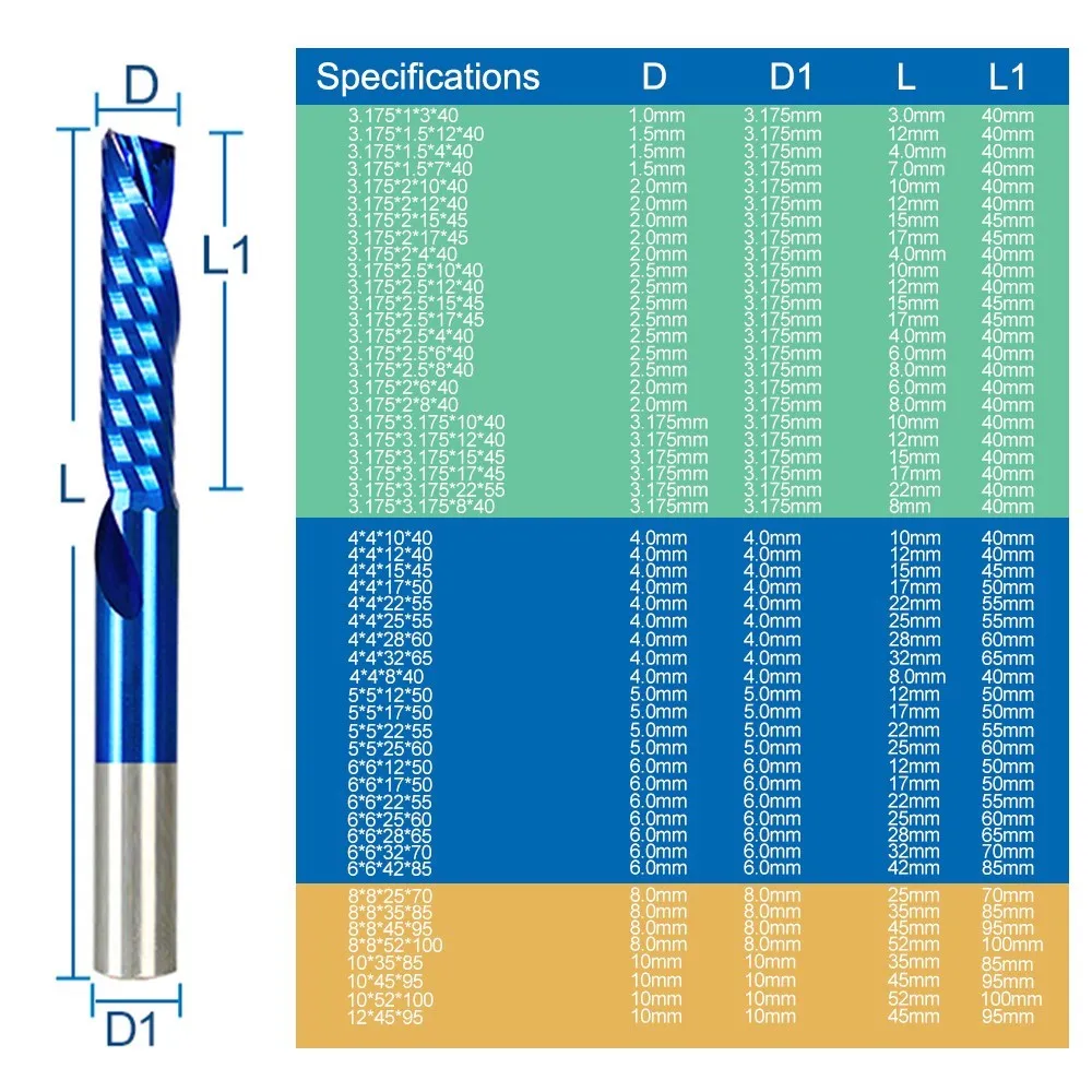 End Mill Single Flute Left Hand Milling Cutter 3.175/4/6/8/10/12mm Shank Nano Blue Coated Carbide CNC Router Bits Down Cut