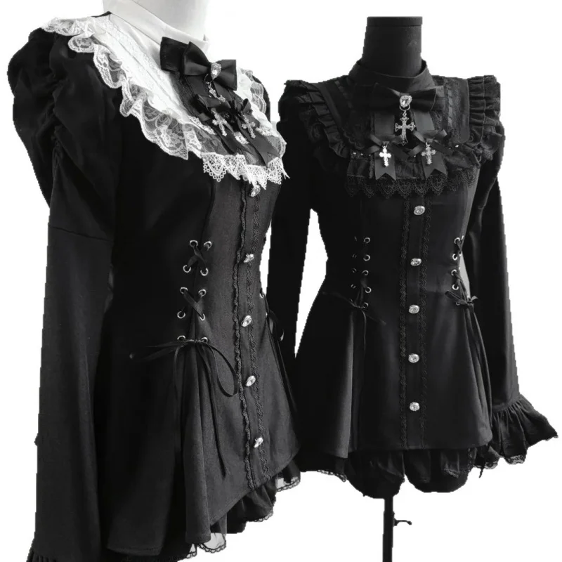Y2k Ästhetische Lolita Stil Bogen Kleid Shorts Set Frauen Kawaii Spitze Flare Hülse Bogen Hemd Kleid Japanische Punk Party Mini Kleid