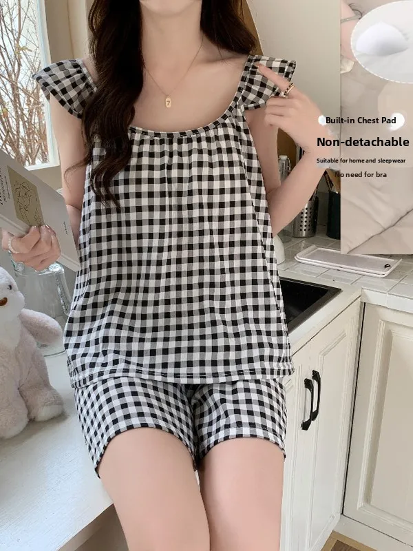 

Cloud Cotton Sleepwear Set with Chest Pad Women's Summer Sweet Style Home Clothes Short Sleeve Plaid Print Cute Home Suit