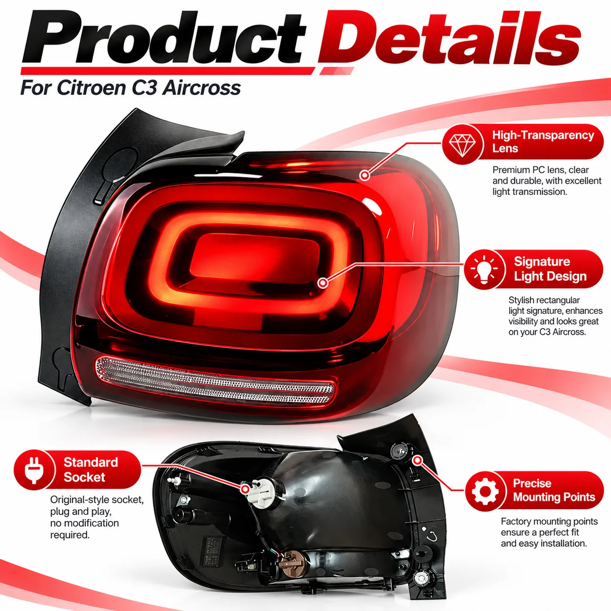 For Citroen C3 Aircross Car Rear Tail Light Rear Lamp Tail Lamp Assembly Left Right Side Replacement Light
