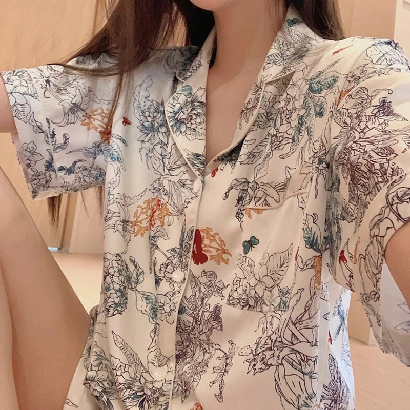 Flowers & Plants Print Women\'s Elegant Pajamas 2024 Summer Cool New Y2k Sleepwear Fashion Casual Short Classy Female Housewear