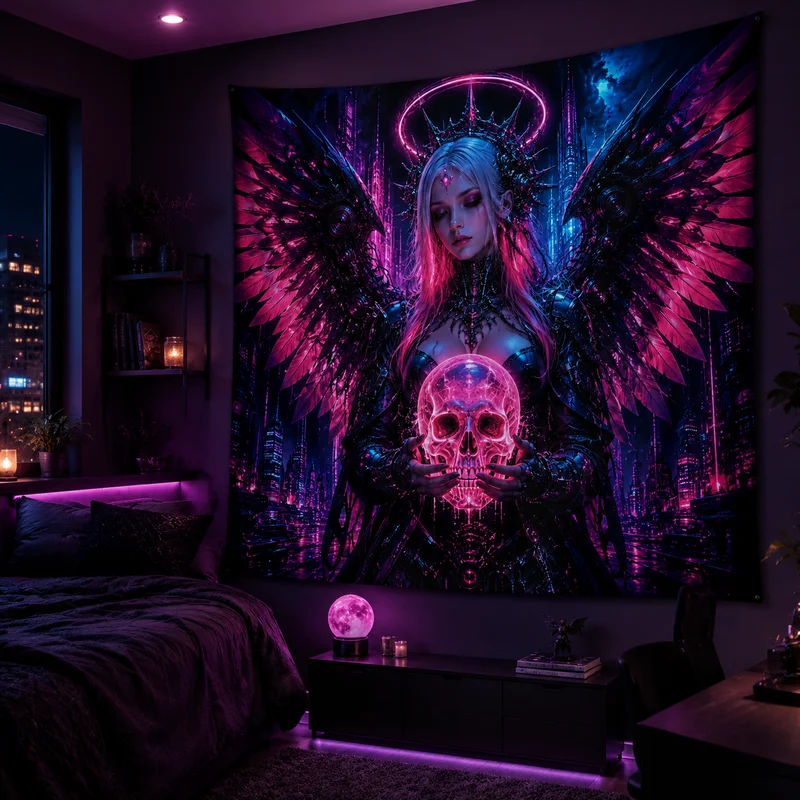 VIKAMA Cyberpunk Gefallener Engel Wandteppich, Neon-Stil Totenkopf Wanddekoration, Dunkle Gothic Heimdekoration