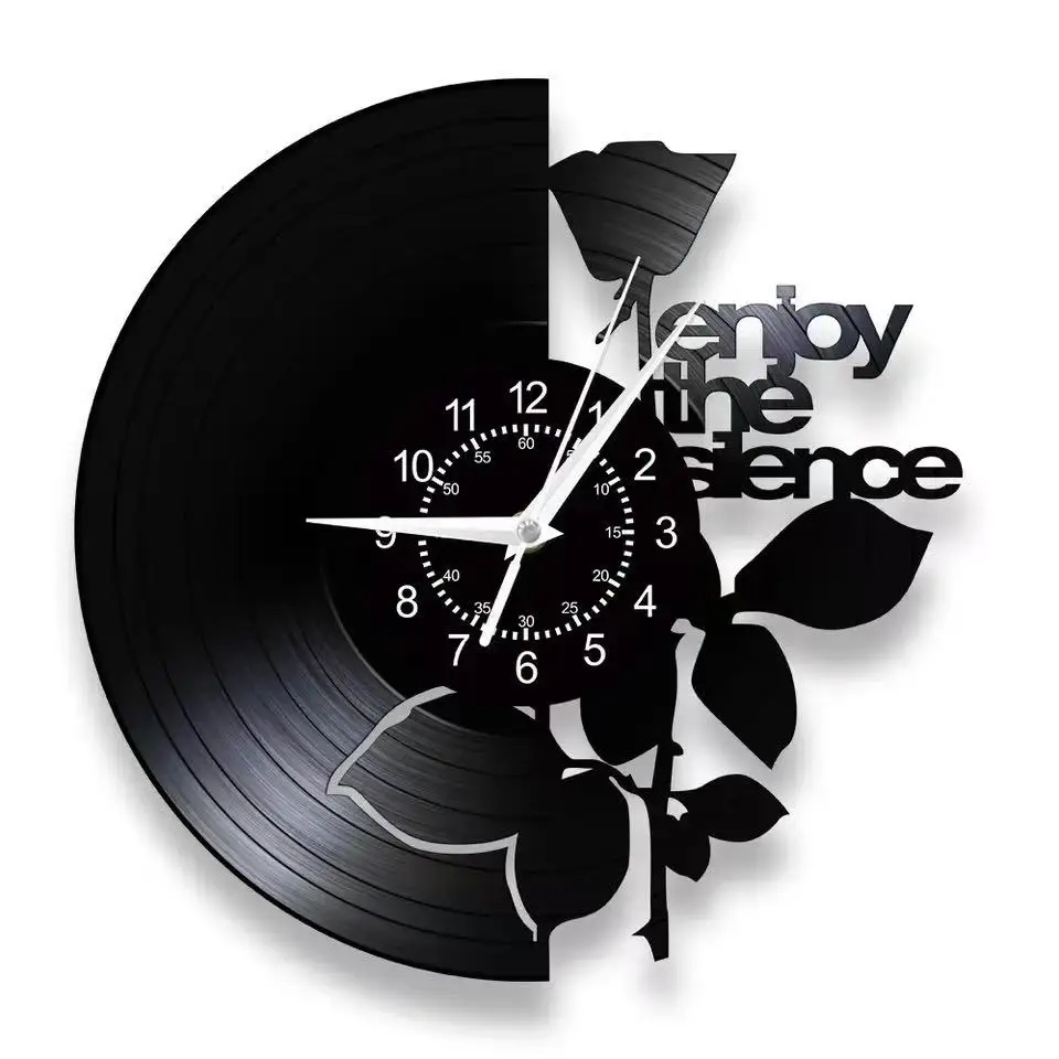 Enjoy The Silence Vinyl Record Wall Clock for Music Studio Inspirational Lyrics Rose Artwork Music Album Silent Quartz Clock