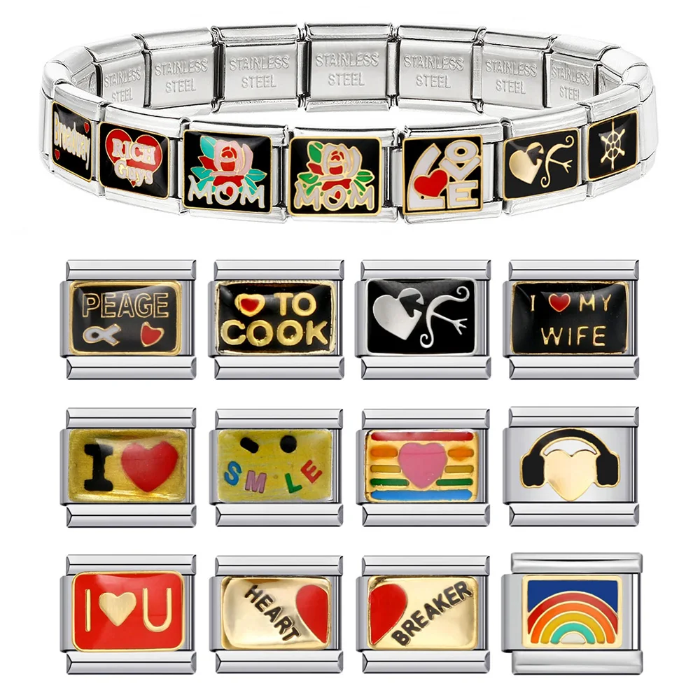 Colorful Glaze LOVE Words Rainbow Charm Italian Links Fit 9mm Bracelet Stainless Steel Jewelry DIY Making Fashion Bangle Gifts