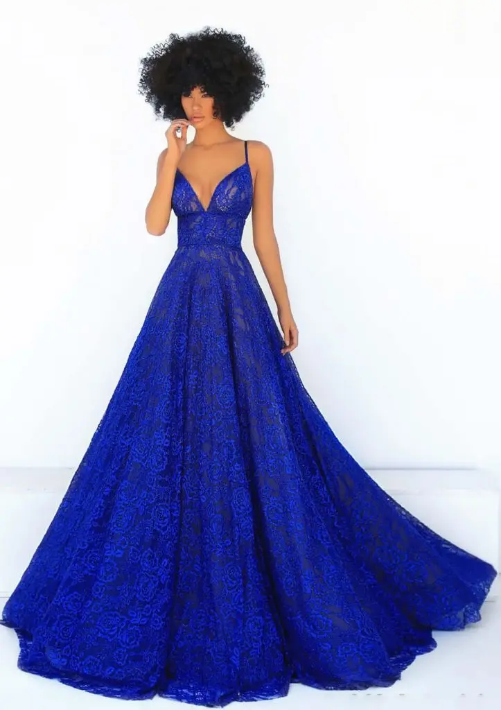 Vestido de noche azul real para mujer, traje largo cuello en V de encaje con tirantes finos y, sin mangas, corte en A, Formal, para fiesta de graduación, 2023