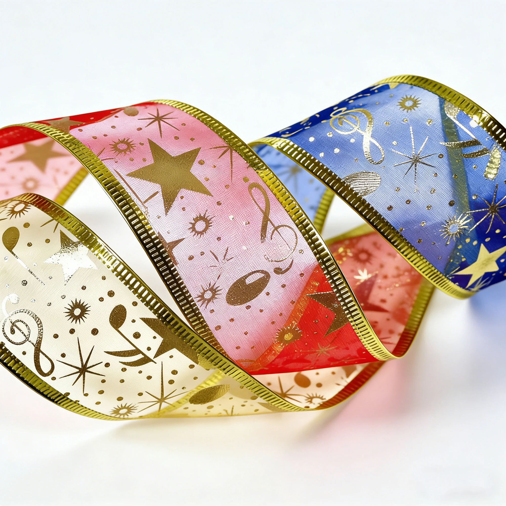 3.7cm Wide Ribbon with Music Note & Star Pattern - Gold/Silver Foil Printed Gift Wrapping Ribbon for Bouquet, 3 Colors DIY Craft
