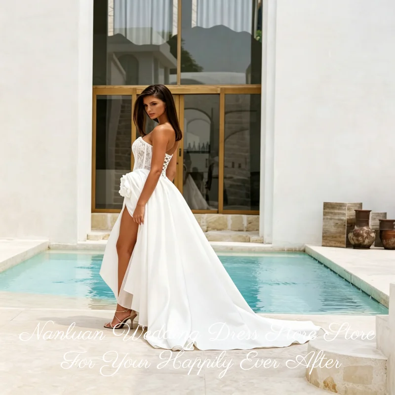 Luxury Matte Satin Bridal Gown Strapless Sweetheart Lace Bodice Side Floral High Slit Chapel Train Vestidos de Novia Customized