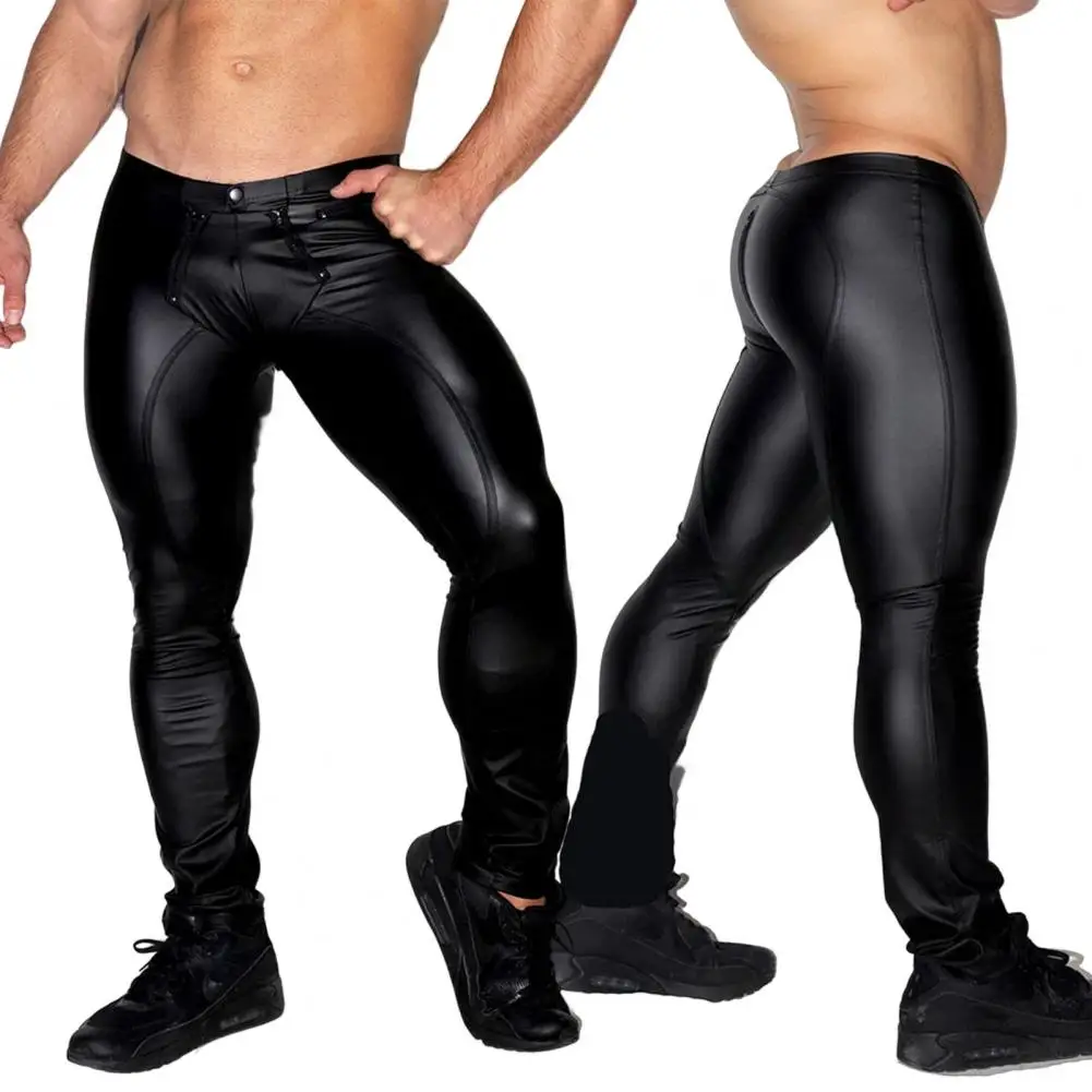 Fine Sewn Men Pencil Pants U Convex Zipper Open Crotch Men Pants Sexy Skinny Faux Leather Performance Pants Clubwear Tights