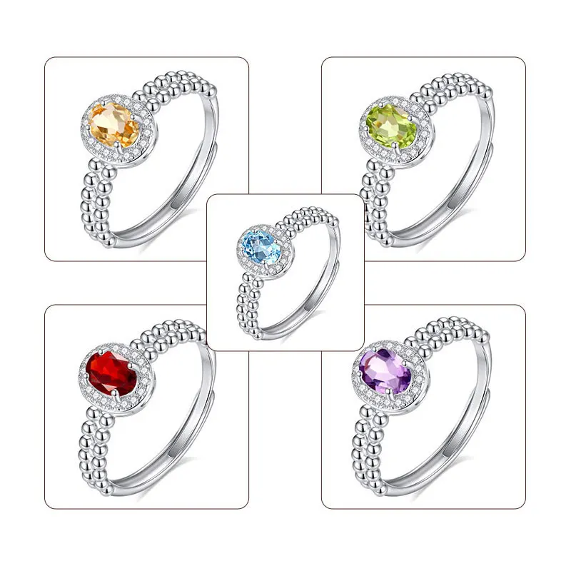 925 Silver Wedding Resizable Size Ring Natural Topaz Citrine Garnet Amethyst Peridot Women Fashion Party Birthday Gift