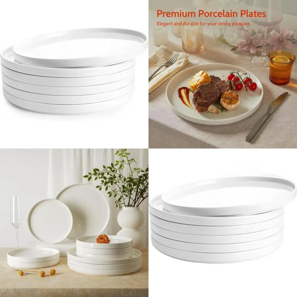 

Набор из 6 фарфоровых обеденных тарелок высотой 10,5 см с высоким ободком - подходят для посудомоечных машин, микроволновых печей, духовок, устойчивы к царапинам, элегантная белая глазурь