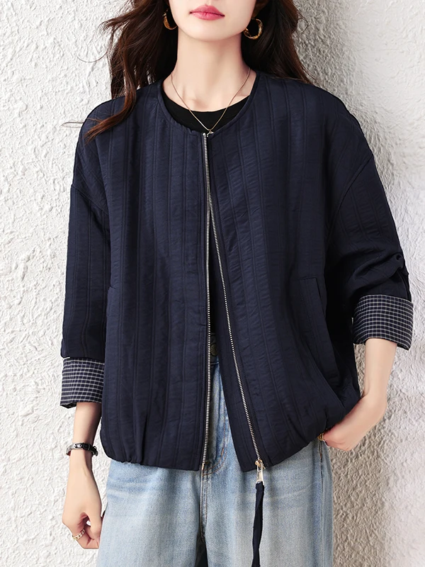 Kurtka damska z zamkiem błyskawicznym, pikowana, duży rozmiar, swobodny styl, rozpinany kardigan, długi rękaw, okrągły dekolt, płaszcz na sezon jesienny.