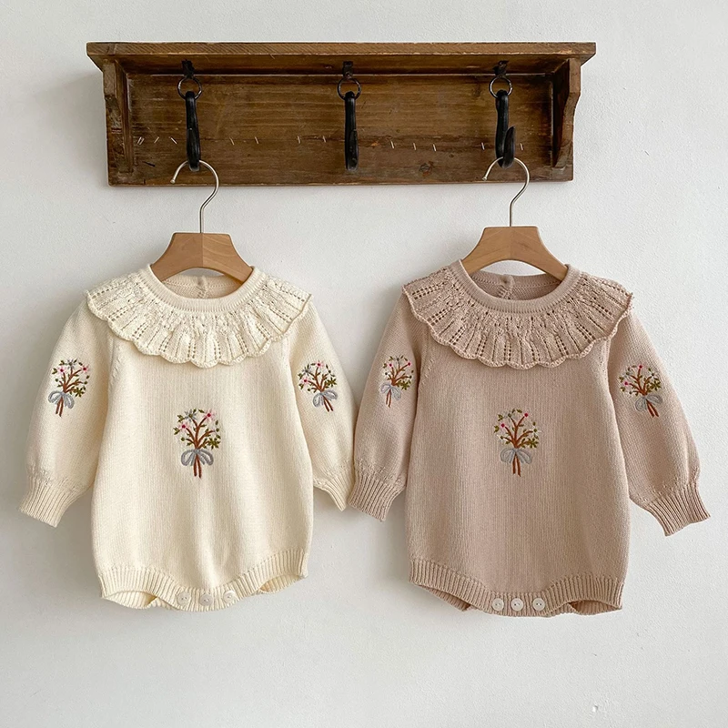 Korean Style Toddler Baby Girl Romper Knitting Long Sleeve Flower Embroidery Autumn Spring Newborn Baby Girl Knitting Jumpsuit