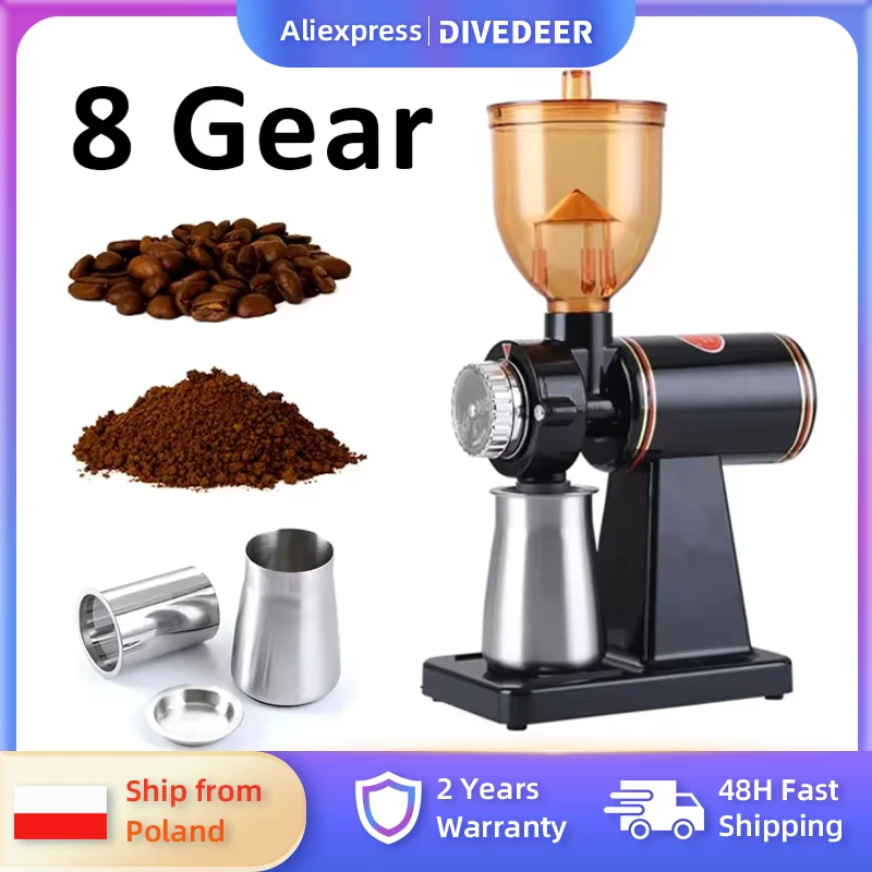 DIVEDEER Kaffeemühle aus Edelstahl, elektrisch, mit 8 Mahlstufen, flacher Grat, Kaffeemühle, verstellbarer Grat
