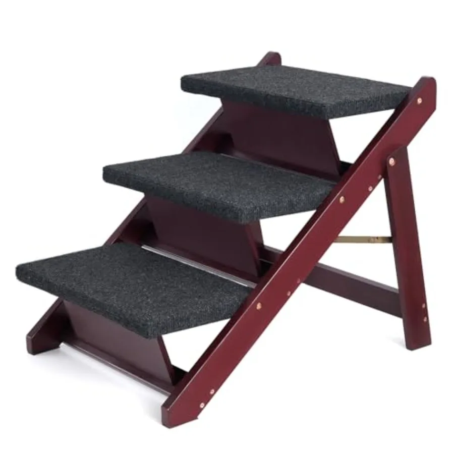Foldable 3-Step Wooden Dog Stairs 19.5H for High Bed Couch Cars Non-Slip Pet Steps in Natural Wood Color for Small Medium Large