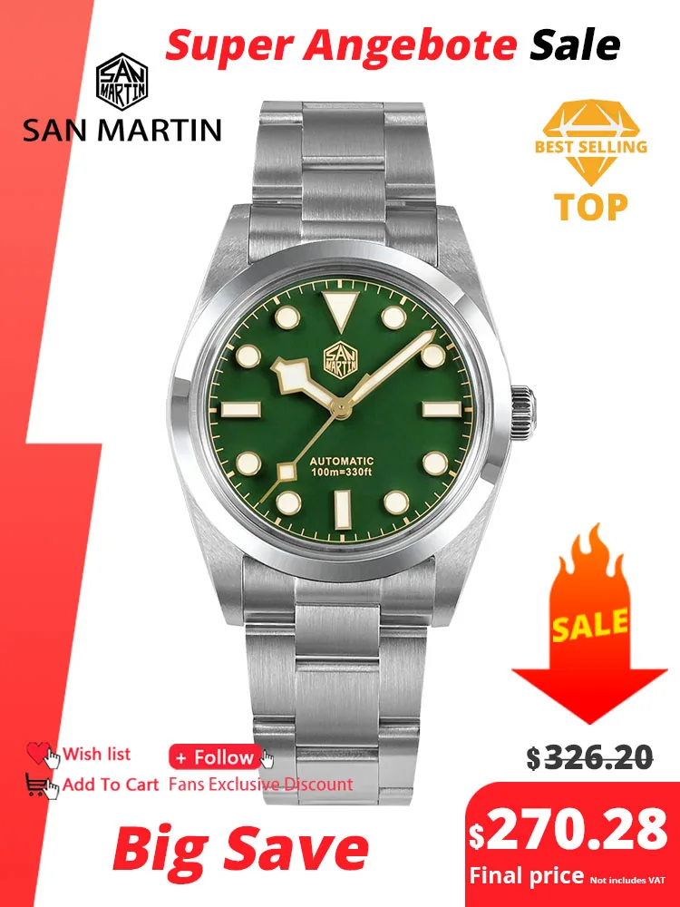 San Martin Vintage 36 มม.BB36 สํารวจปีนเขา Series ผู้ชายหรูหรานาฬิกาคู่นาฬิกาสปอร์ตอัตโนมัติ 10Bar relogio