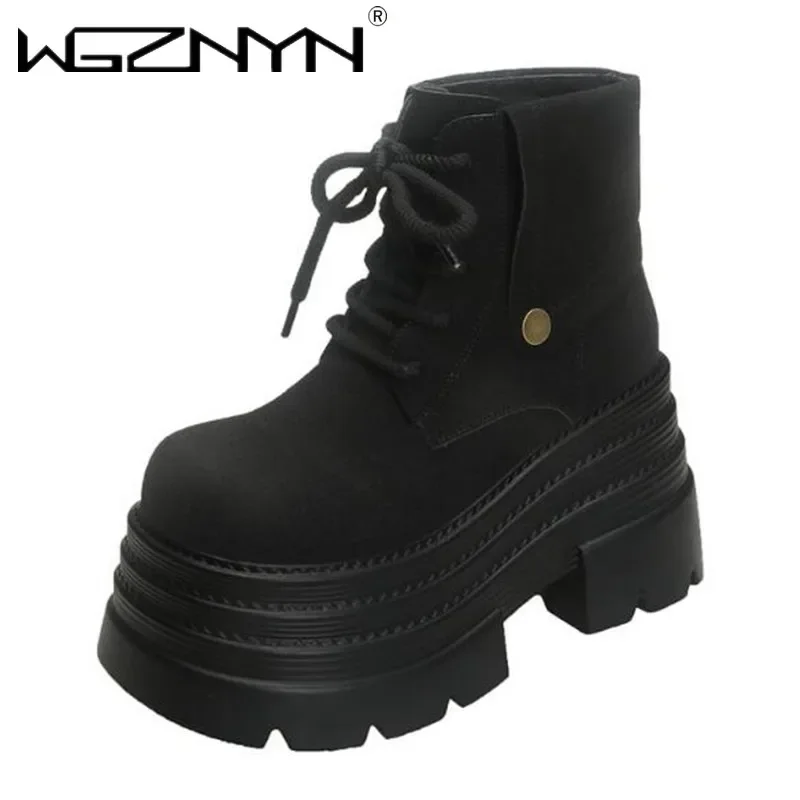 2025 Women\'s Ankle Boots Autumn Winter Warm Punk Goth Fur Shoes 10CM Chunky High Platform Casual Leather Short Boot Botas Mujer
