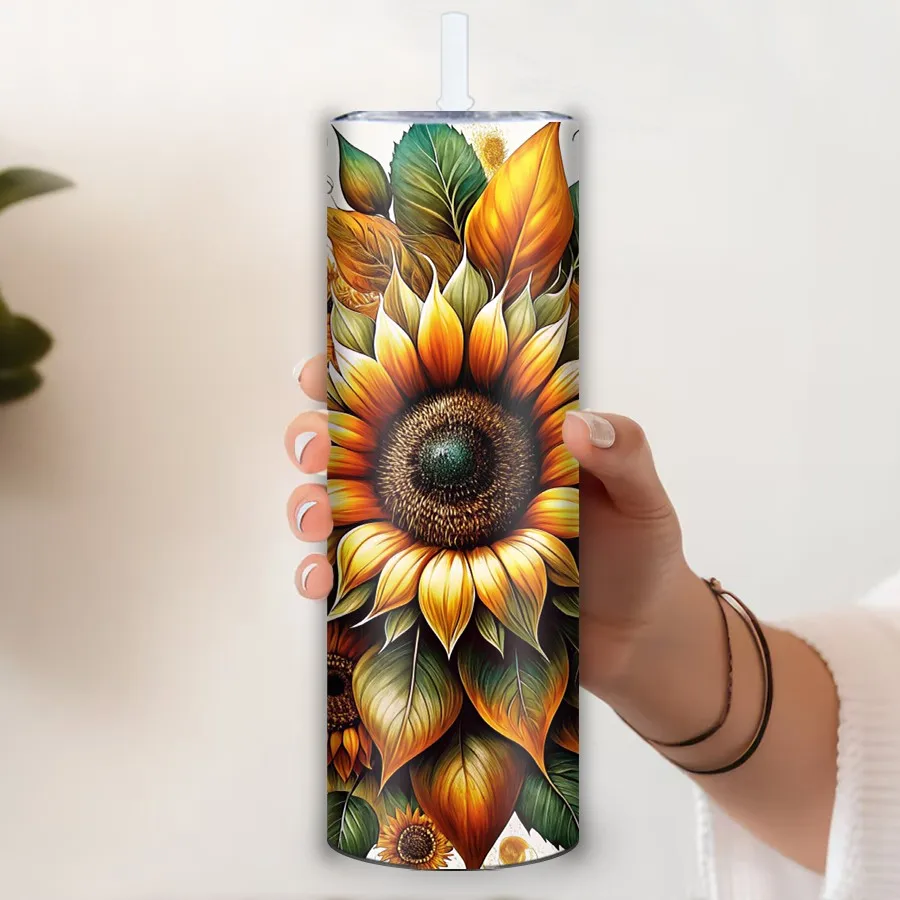 1Pc 3D Print Sunflowers Bouquet Party Tumblers Straw Lid 20oz Stainless Steel Seamless Inflated Coffee Vacuum Cups Anniversary