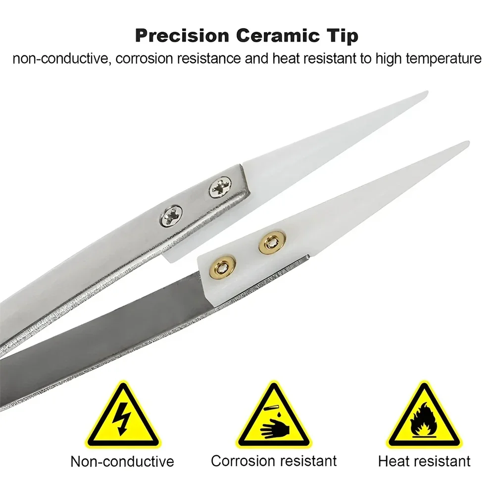 3Pack Ceramic Straight Tip Electronic Soldering Tweezers, Anti-Static Reverse Acid Resistant Precision Chuck Ceramic Tweezers