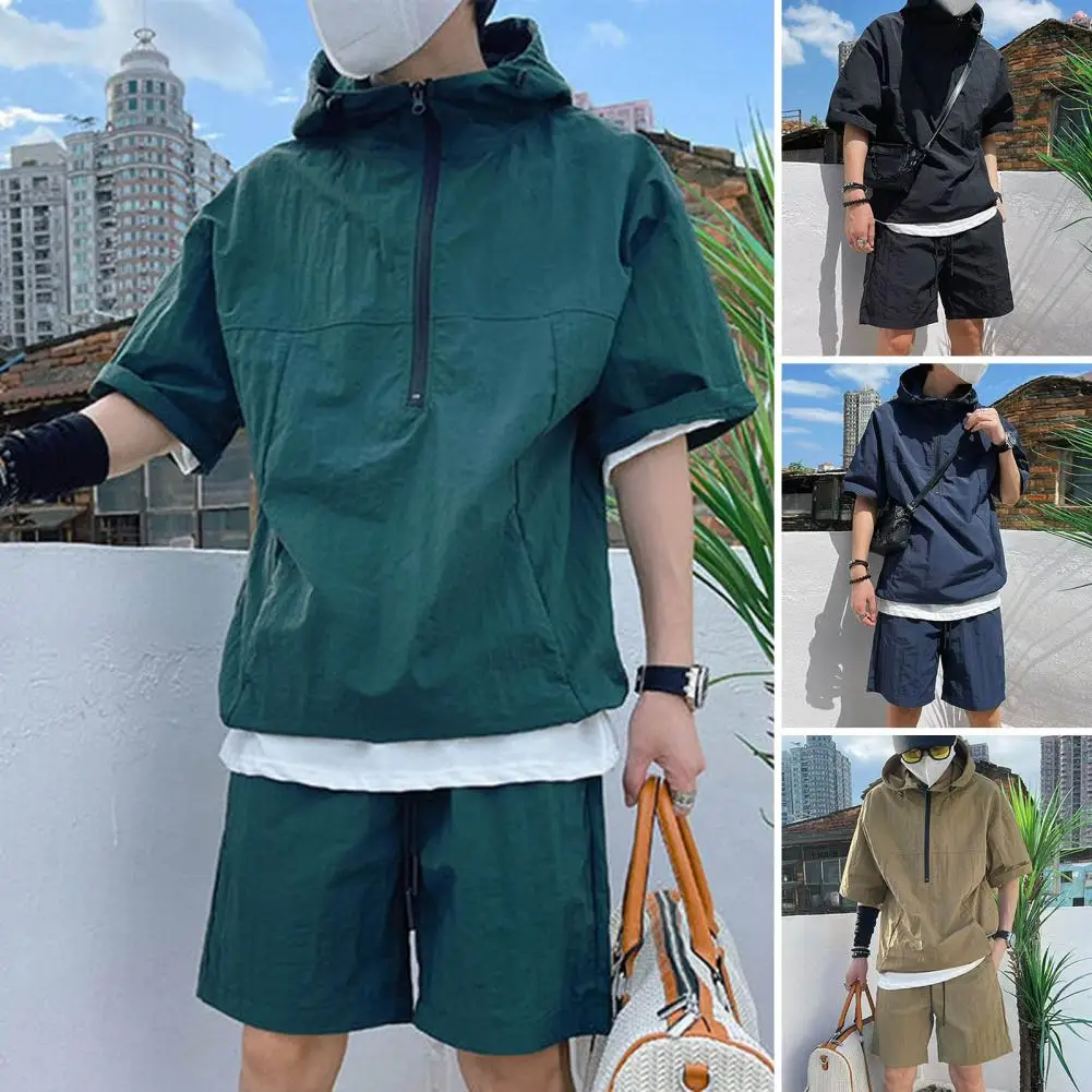 Zipper Neckline Hooded Top Shorts Men's Casual Hooded T-shirt Wide Leg Shorts Set Solid Color Loose Fit Outfit with Zipper