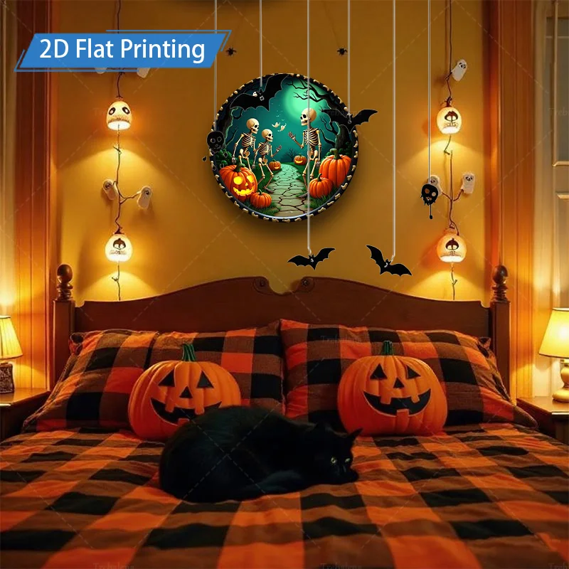 1 قطعة علامة معدنية ، 4x16 بوصة الهياكل العظمية للهالوين اليقطين التصحيح 2D الطباعة المسطحة المعادن جدار ديكور فني #3