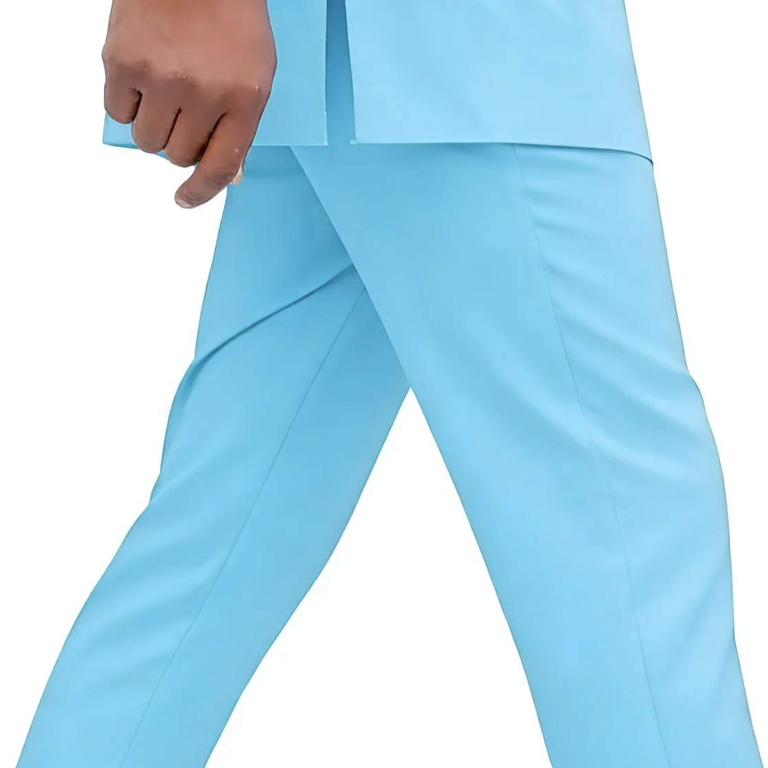 African Clothes Sky Blue Cotton Elastic Men\'s Set Short Sleeve Top+Pant Nigerian Fashion Garment Ultrathin And Breathable