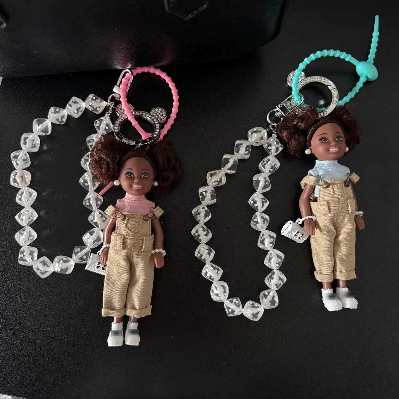 Korean Version Sweet Spice Girl Princess Doll Keychain Fashion Denim Pant Beaded African Black Skin Doll Cute Bag Decor Keychain