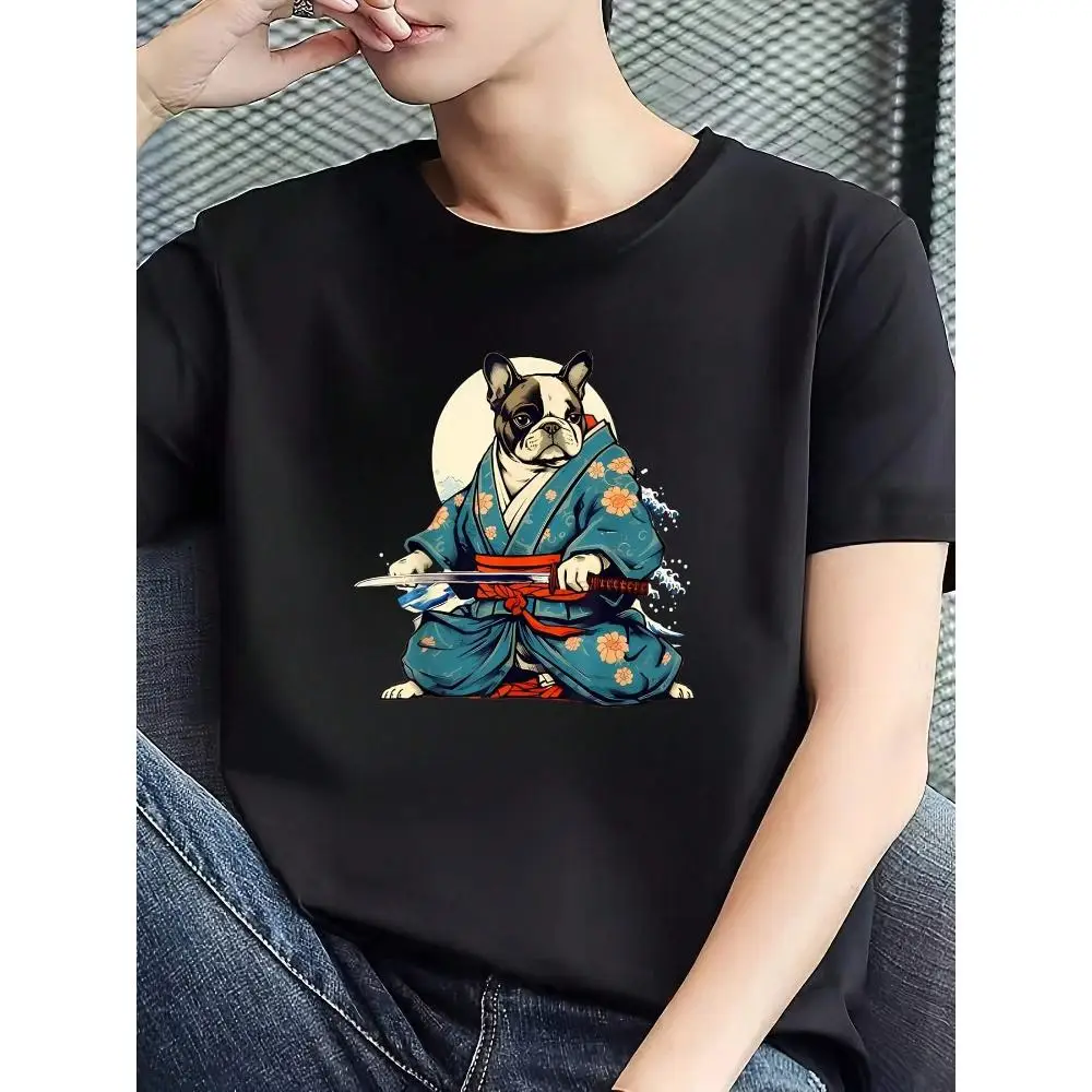 Men's Bulldog Wearing Kimono Graphic T-Shirt Round Neck Short Sleeve Cotton Casual Shirt Unique Design for Theme Events And