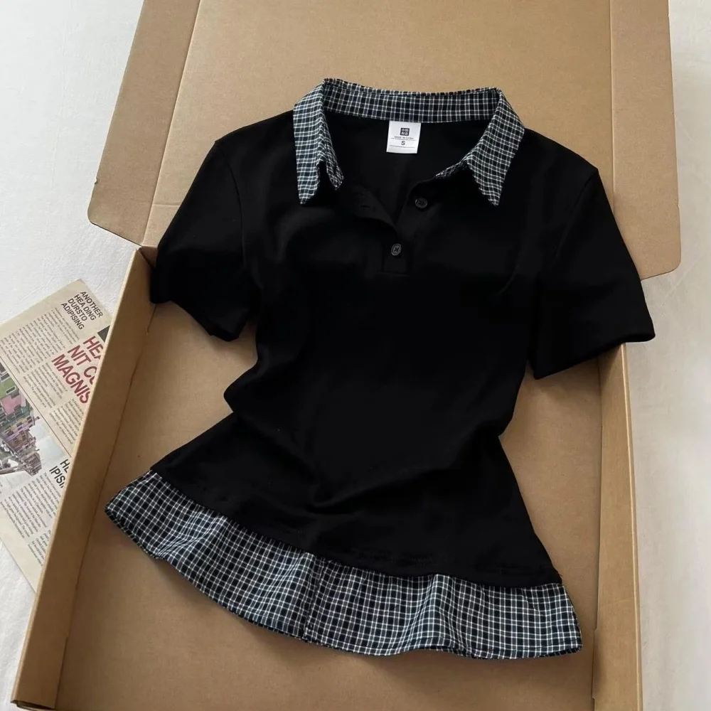 Polo Collar T-shirts Fake Two Piece Short Sleeved Checkered Shirts Women's Summer Casual Plaid Patchwork Slimming Top Retro Tee