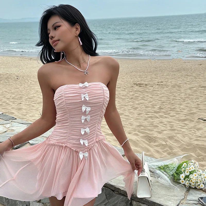 

DSMTRC Women Party Elegant Fashion Dress 2025 Summer Pink Strapless Bandage Mini Dresses Sweat Style Off Shoulder Bow Solid Robe