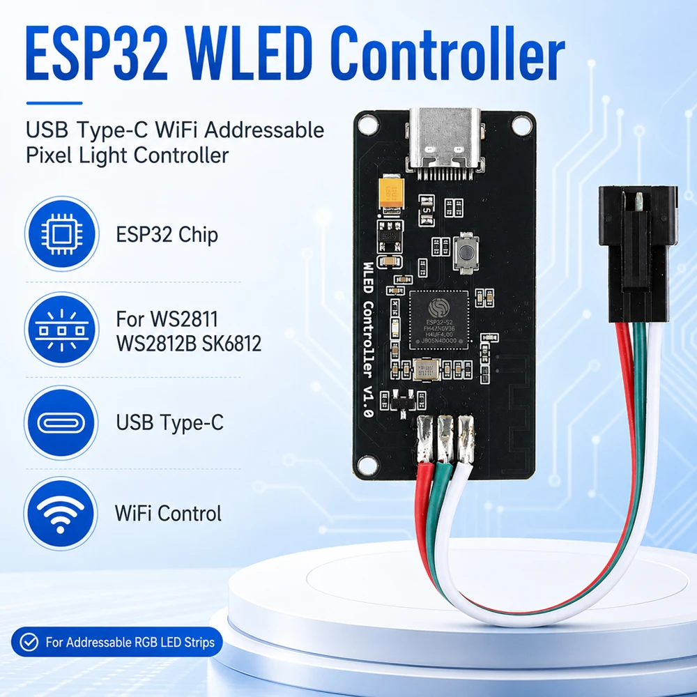 ESP32 WLED Controller WS2811 WS2812B SK6812 RGB LED Strip USB Type C WiFi Addressable Pixel Light Controller