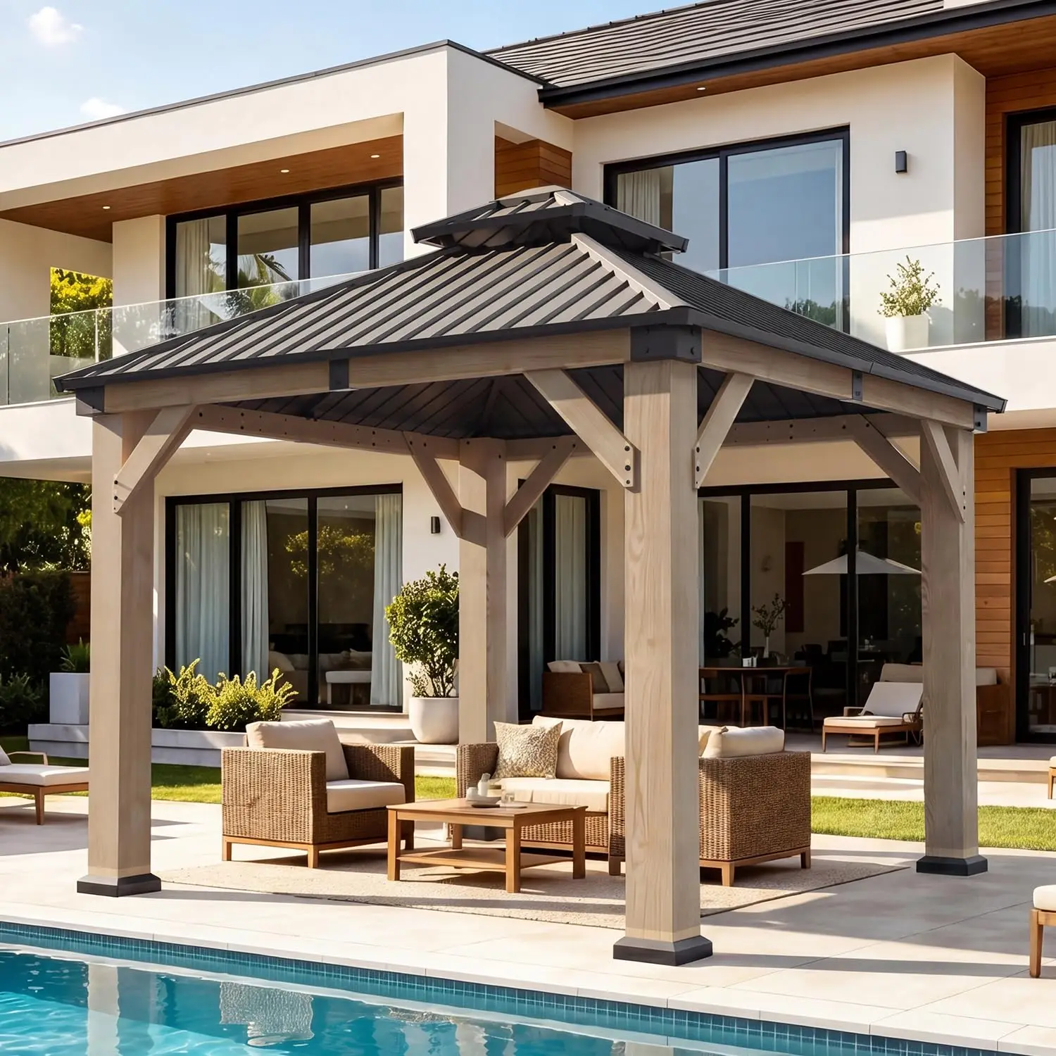 

10' x 10' Outdoor Wood Gazebo, Hardtop Gazebo Permanent Wooden Pavilion with Galvanized Steel Double Roof, for, Custom