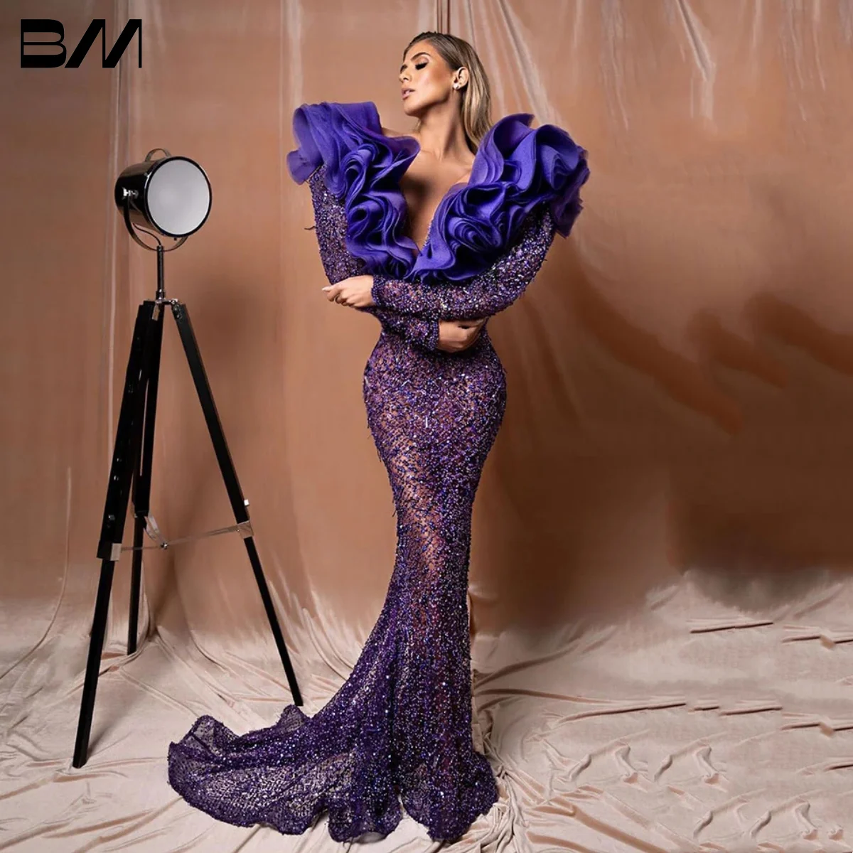 

Floral Neckline Illusion Party Dress Long Sleeve Vestidos Prom 2023 Evening Dresses Purple Vestidos De Noche Custom Made