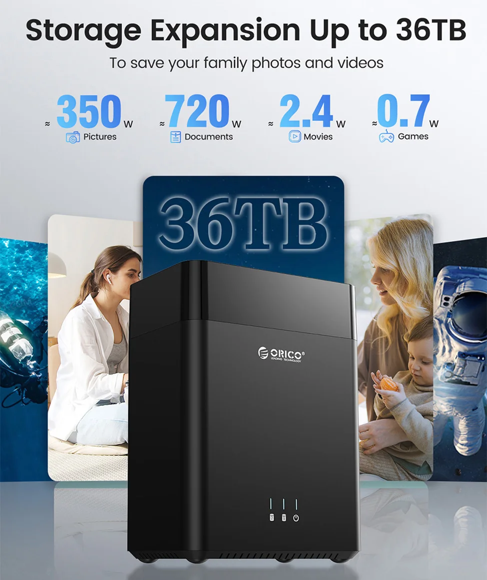 ORICO 2 Bay HDD Enclosure Hard Drive Case 3.5" SATA Docking Station USB 3.0 Type C DAS Storage Box 36TB Expansion for PC Laptop