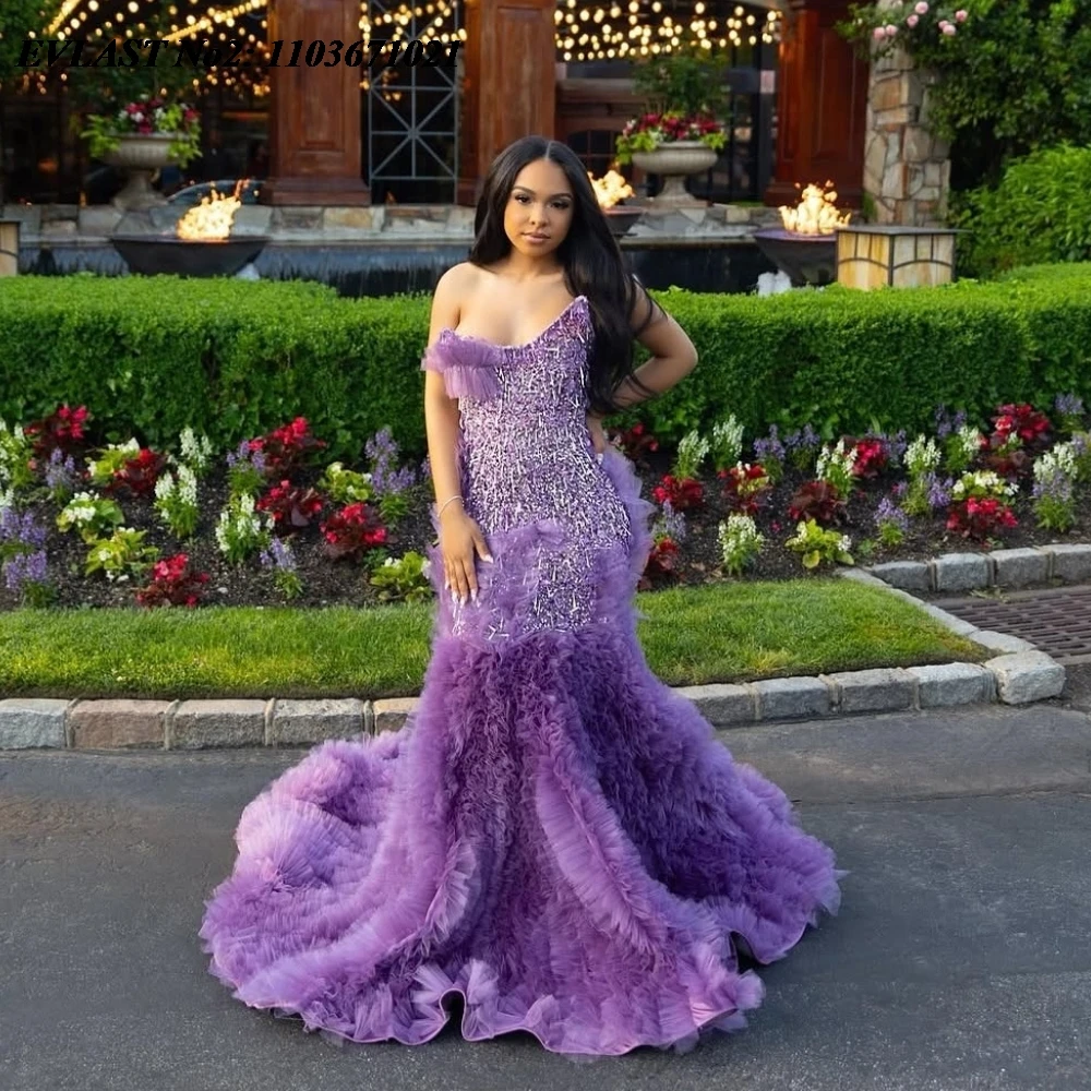 EVLAST ที่กําหนดเอง Sparkly สีม่วง Sequins Mermaid PROM ชุดสําหรับสาวสีดํา 2025 Ruffles คริสตัลลูกปัดชุดราตรี E2P42