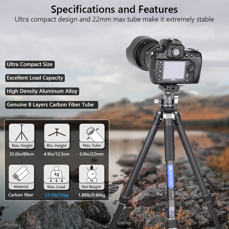 ARTCISE CT30C Carbon Fiber Tripod 82.5cm 15kg Load