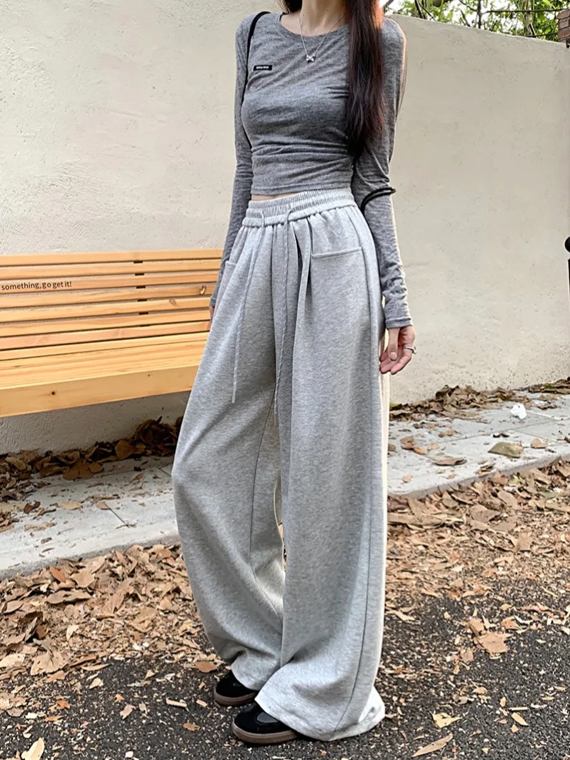 Idle Sle Gray Casual Pants 2024 Autumn Sweatpants Women High Waist Straight Pants Wide Leg Pants Trousers Drape Mopping Pants