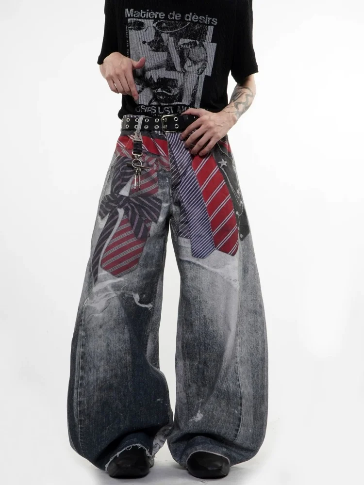 2026 American Retro Y2K Style 3D Printed Tie Design Washed Blue Baggy Jeans Pants For Men Clothing Wide Leg Loose Denim Trousers - view 5