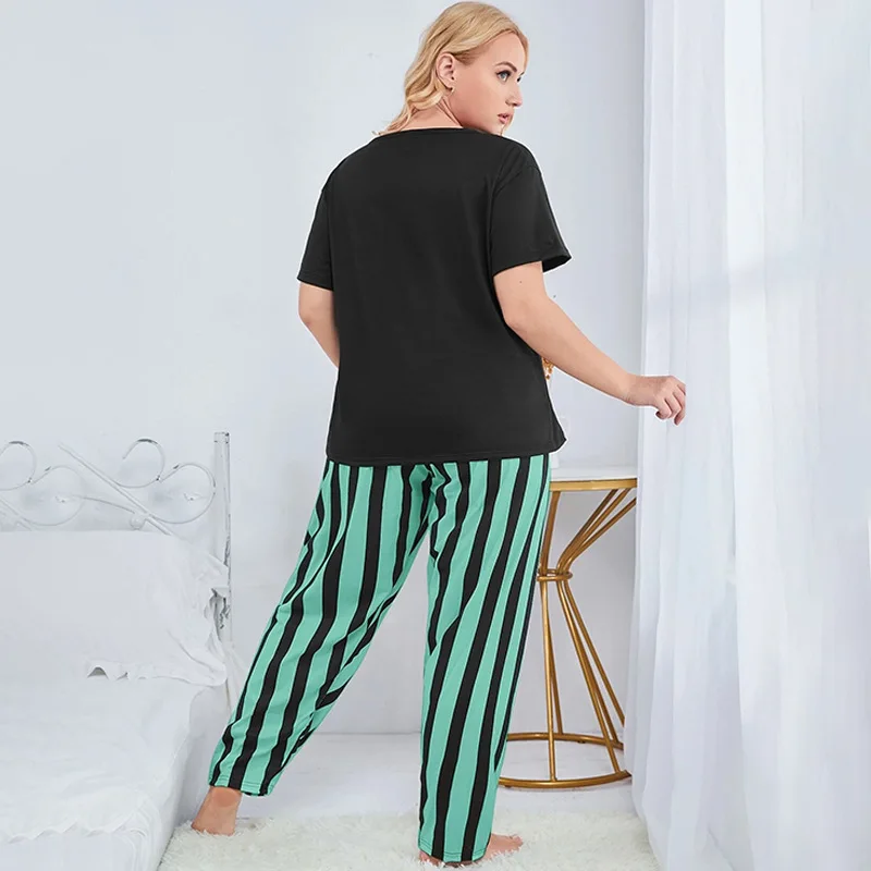 Plus Size Women\'s Pajamas Set Stripe Print Smooth Soft Summer Short Sleeves Sleepwear Long Btoom Nightwear Clothes 3XL 4XL 5XL