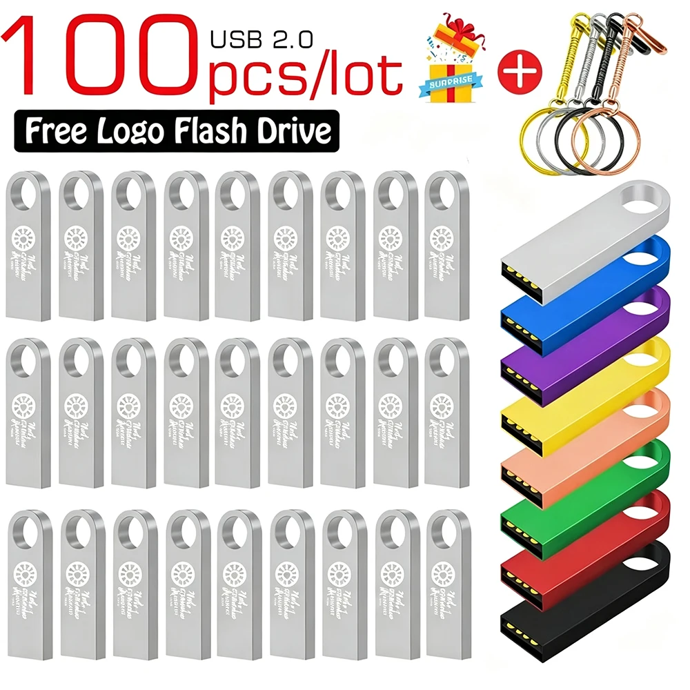 100PCS USB 2.0 Flash Drives Metal 64GB Free logo Black 32GB Pen drive 16GB Memory stick Free key chain U disk 8GB 4GB For Laptop