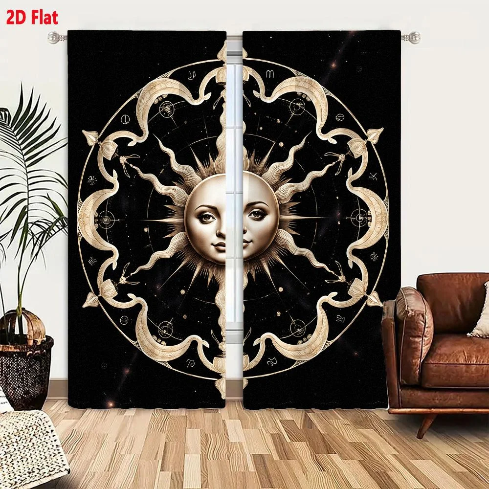 2Pcs Curtains 2D Flat Mystical Sun With Serene Face And Zodiac Symbols On Starry Black Background Window Drapes for Bedroom Room