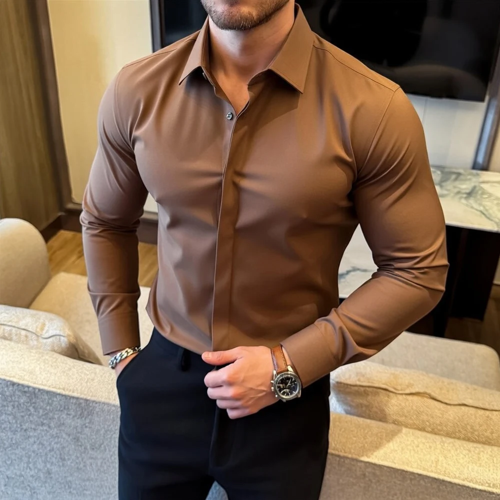 

High-end Men's Long-sleeved Shirts Business Casual Solid Color Men Formal Shirt Luxury Slim Fit Social Banquet Man Shirt Tops