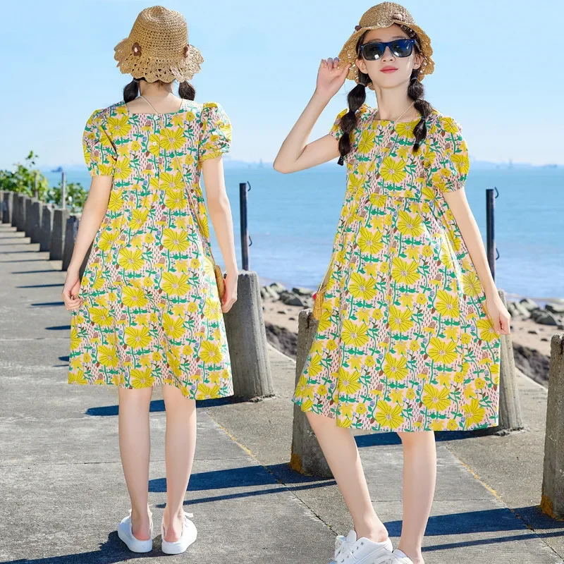 Baby Girl Dress Fresh Summer Girls Foundation Yellow Print Skirt Full Cotton Loose Dress Holiday Little Girl Princess Dresses