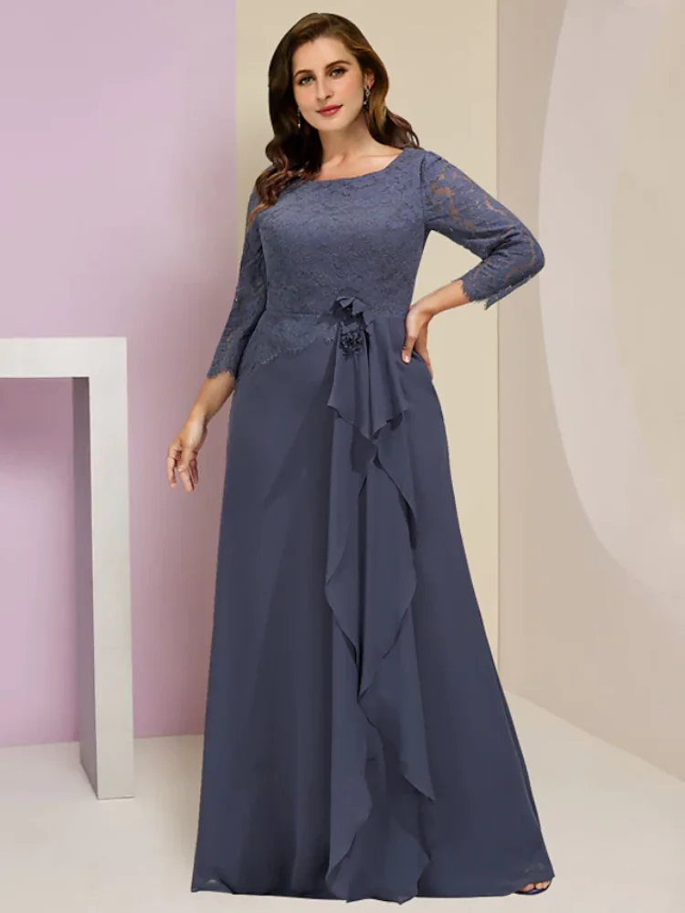 

2023 Plus Size Curve Mother of the Bride Dress Wedding Guest Party Elegant Scoop Neck Floor Length Chiffon Lace 3/4 Length Slee