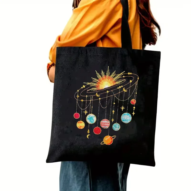 

Sun Planet Galaxy Hanging Ornament Print Black Canvas Tote Bag Celestial Astrology Reusable Shoulder Handbag For Travel